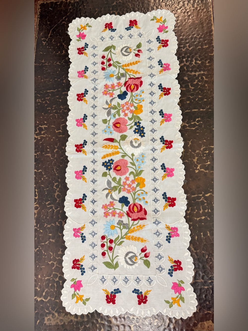 Hungarian Kalocsa Table Runner Floral Embroidery w/Scalloped Edge- 36”x14”